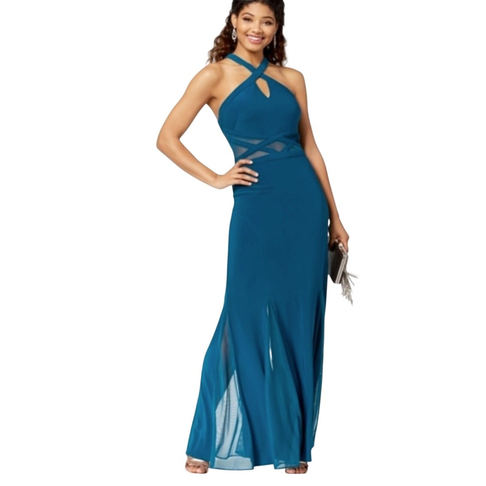 Morgan & Co Teal Blue Halter Neck Mesh Waist Gown Formal Prom Dress Size 11